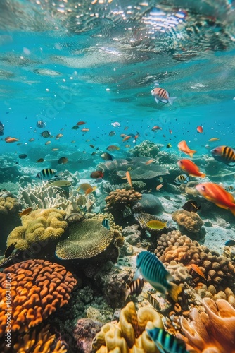 Buzos explorando un arrecife de coral, rodeados de peces coloridos y vida marina