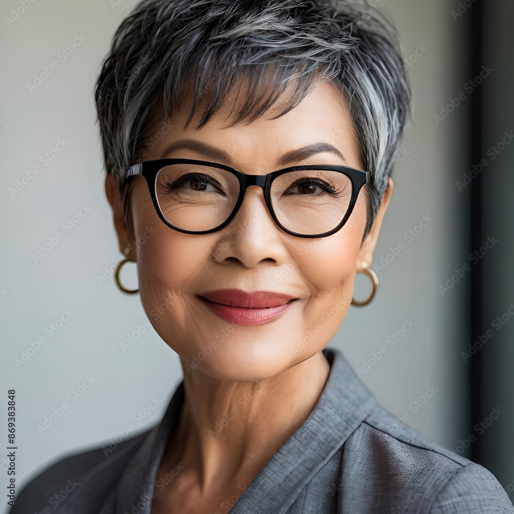 smiling woman, 40 years old, Asian appearance, gray hair smiling woman, 40 years old, Asian appearance, gray hair