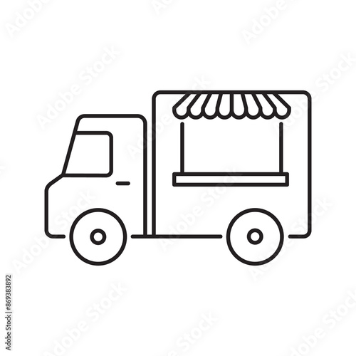 Street food truck line icon. Trade van. Mobile cafe car. Transport to cook and sell meals line icon