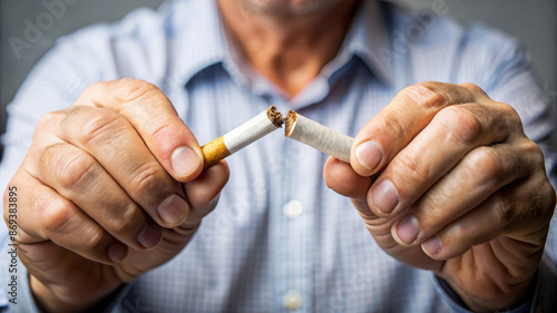 Breaking Free From Addiction: A Man Crushes a Cigarette - A man's hands are shown breaking a cigarette in half, symbolizing a commitment to quitting smoking.