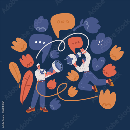 Carton vector illustration of Disconnected business, broken communication, 404 or disconnect from social media distraction or monitor screen, young man and young adult woman pull electric socket plug 