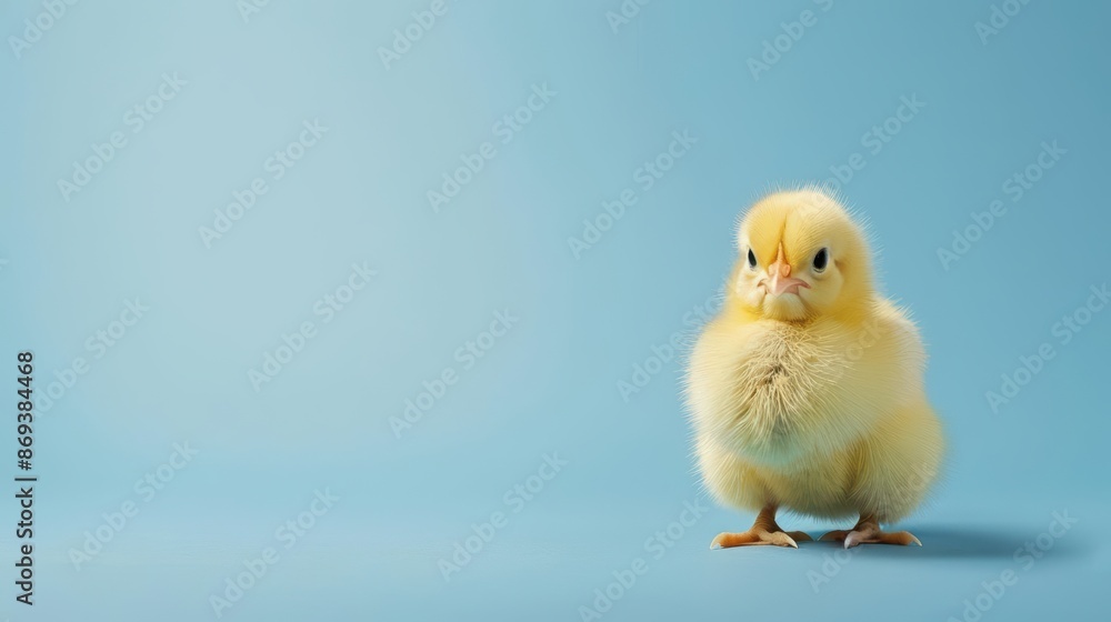 Photorealistic image of a tiny chick sitting on a solid blue background Space above for text Natural lighting highlighting the chicks fluffy feathers Photorealistic image of a tiny chick sitting on a solid blue background Space above for text Natural lighting highlighting the chicks fluffy feathers