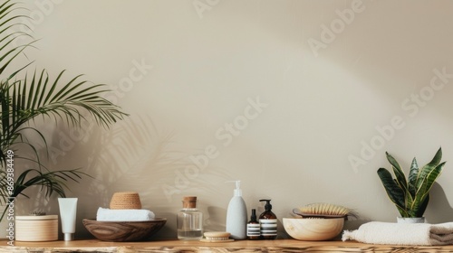 Natural skincare products on a wooden shelf photo
