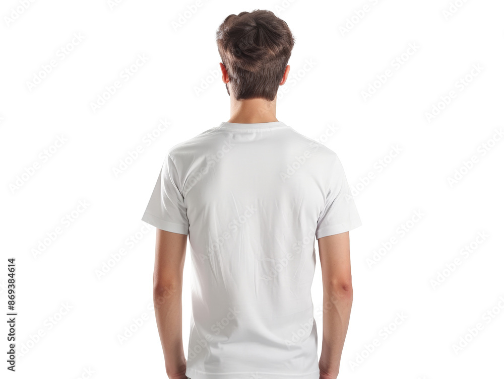 Man wearing plain white t-shirt mockup standing with back turned, isolated on white background, displaying casual fashion Man wearing plain white t-shirt mockup standing with back turned, isolated on white background, displaying casual fashion