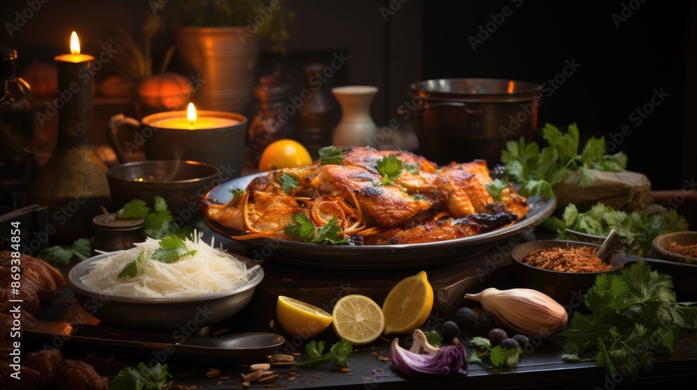 a bowl of food with a candle in the background. a bowl of food with a candle in the background.