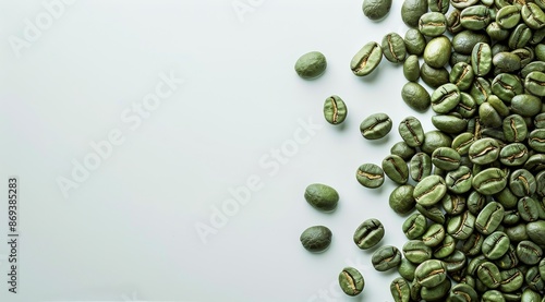 A Side View of Unroasted Green Coffee Beans on a White Background