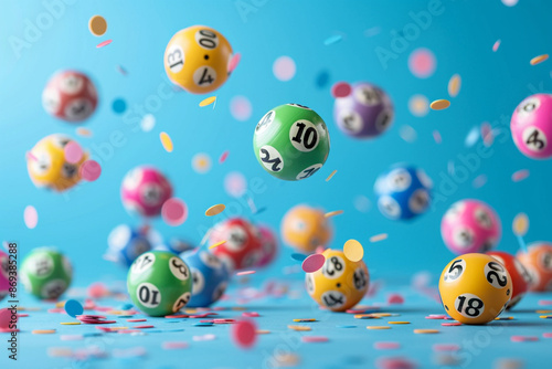 Lottery Balls Flying on Blue Background