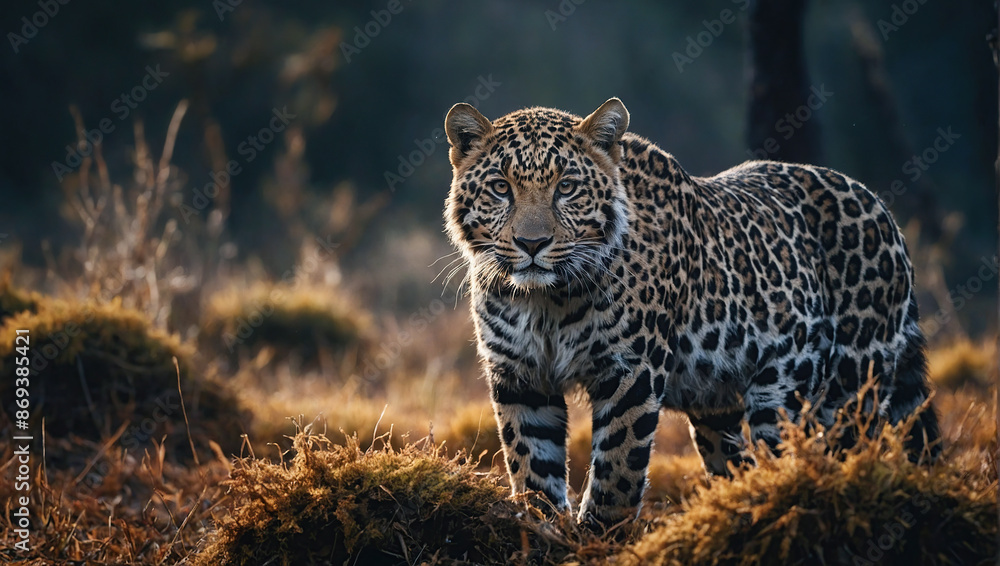 A leopard stands in a golden field, its intense gaze focused on the camera, showcasing its regal presence. A leopard stands in a golden field, its intense gaze focused on the camera, showcasing its regal presence.