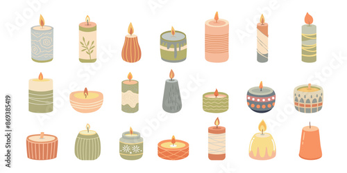 Set of candles in scandinavian style. Various Candles. Different shapes and sizes. Vector illustration.