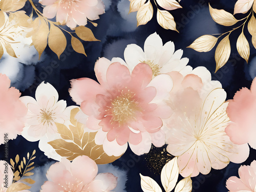 Arrangements. Navy blue, blush, pink, ivory, beige watercolor Illustration and gold elements, on white background. Abstract modern print set. Poster. Business card.