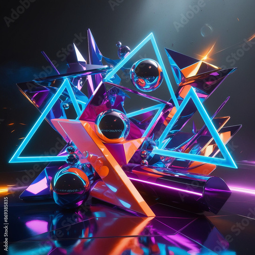 An abstract composition where geometric 2D shapes intersect and interact with 3D objects, blending flat design and depth seamlessly, 2Dand3D, 2D3Dart, 2D3Dconvergence, 3Dart, 2Dart, digitalart, mixedm photo