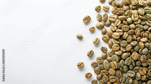 A Side View of Unroasted Green Coffee Beans on a White Background