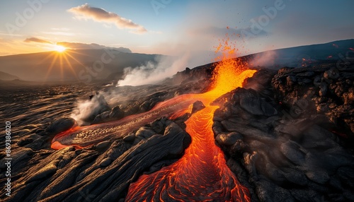 A picturesque scene showing a stream of lava flowing during sunset, surrounded by the striking elements of a volcanic eruption, blending serene beauty with ferocity. photo