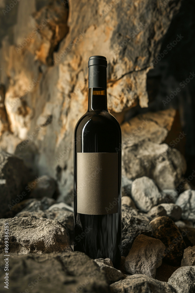 A bottle of wine is sitting on a pile of rocks A bottle of wine is sitting on a pile of rocks