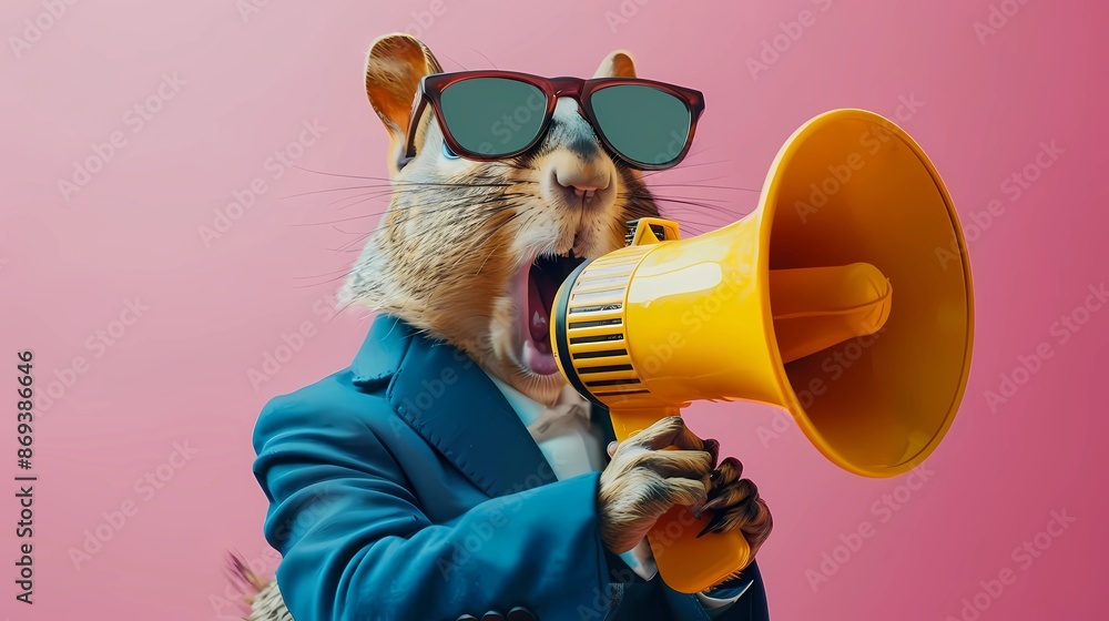 Fototapeta premium adorable and Fashionable squirel Wearing tuxedo and Sunglasses Holding Megaphone Against pink Background