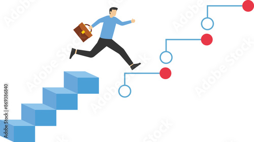 Digital transformation, company use technology and innovation to optimize workflow and change future concept, businessman corporate leader climbing up analog stair to transform into digital step.

