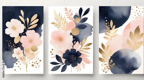 Arrangements. Navy blue, blush, pink, ivory, beige watercolor Illustration and gold elements, on white background. Abstract modern print set. Poster. Business card.