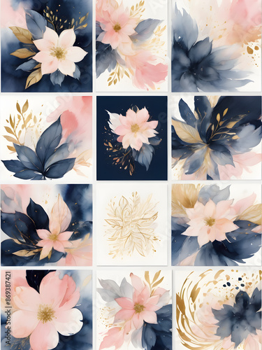 Arrangements. Navy blue, blush, pink, ivory, beige watercolor Illustration and gold elements, on white background. Abstract modern print set. Poster. Business card.