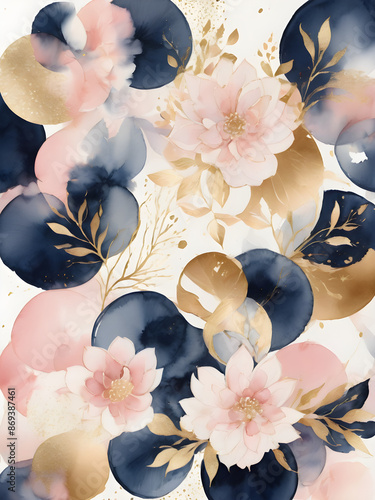 Arrangements. Navy blue, blush, pink, ivory, beige watercolor Illustration and gold elements, on white background. Abstract modern print set. Poster. Business card.