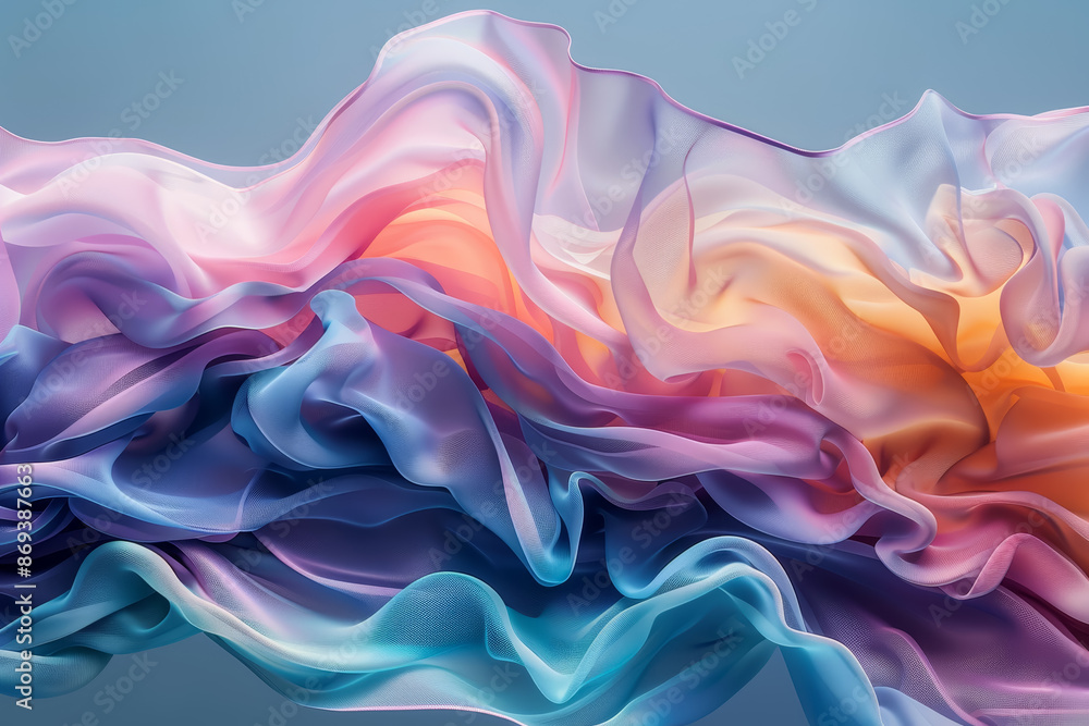 Fototapeta premium Abstract colorful wave flowing fabric background in vibrant pastel hues creating a serene and dynamic visual effect.