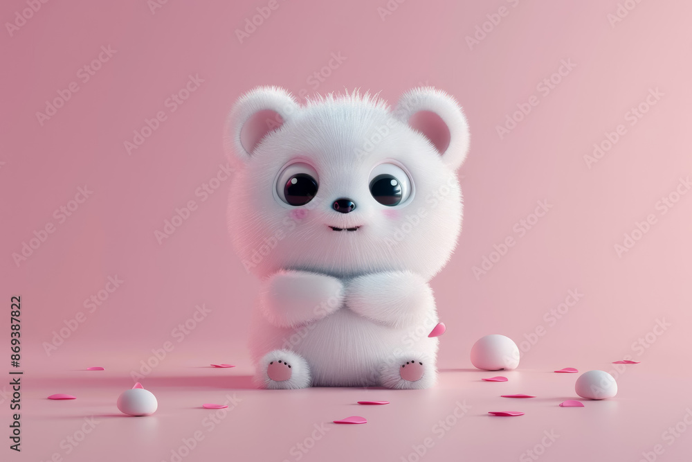 Adorable fluffy white teddy bear with wide eyes, sitting on a pink background surrounded by pink heart confetti and small white balls. Adorable fluffy white teddy bear with wide eyes, sitting on a pink background surrounded by pink heart confetti and small white balls.