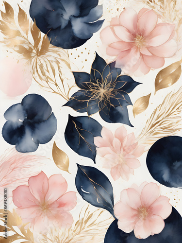 Arrangements. Navy blue, blush, pink, ivory, beige watercolor Illustration and gold elements, on white background. Abstract modern print set. Poster. Business card.