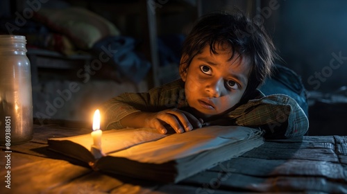 Child studying by candlelight in a low-income household, highlighting the challenges of access to education in impoverished areas © Mars0hod