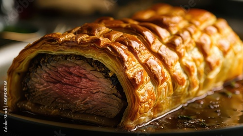 mouthwatering closeup of perfectly prepared beef wellington goldenbrown pastry crust juicy mediumrare meat visible gourmet cuisine with exquisite presentation and rich colors photo