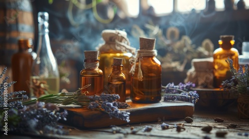 Assorted amber bottles and dried herbs photo