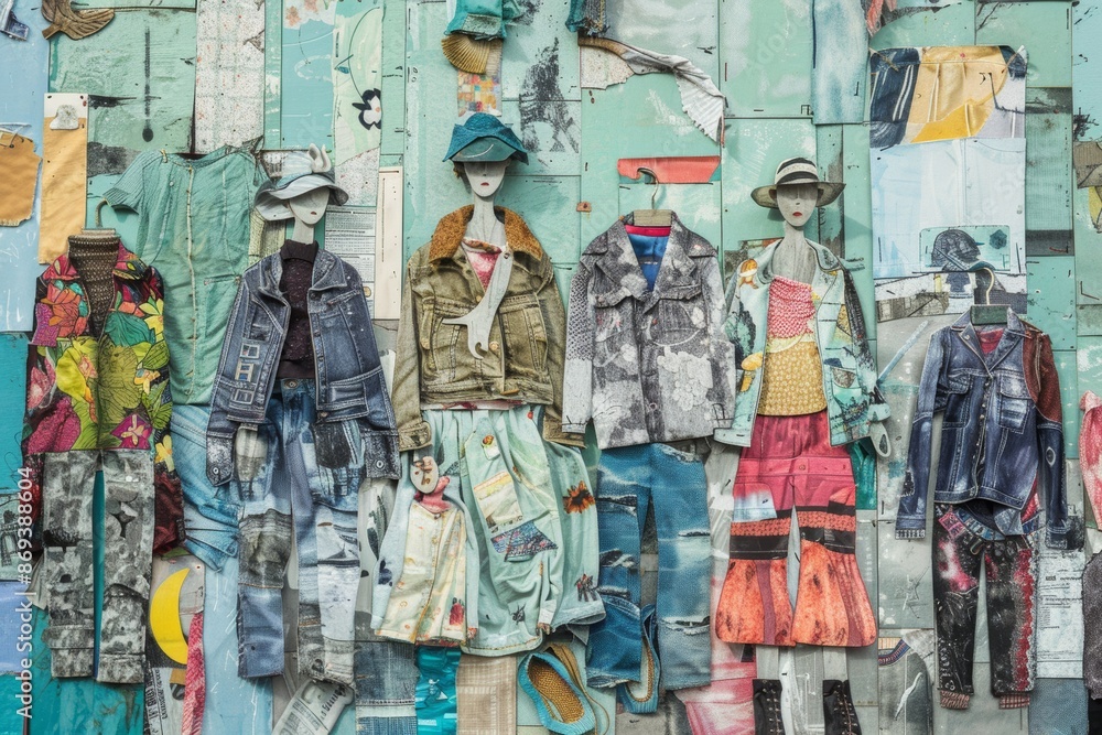 Fototapeta premium versatility of upcycled clothing, modeling stylish outfits made from repurposed materials, unique textures, colors, and designs that can be achieved through upcycling techniques