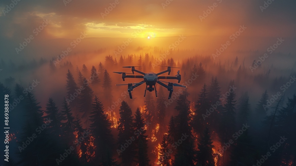Naklejka premium A drone flies low over the ocean's surface, monitoring maritime activities and detecting potential threats such as enemy ships or illegal fishing vessels, 