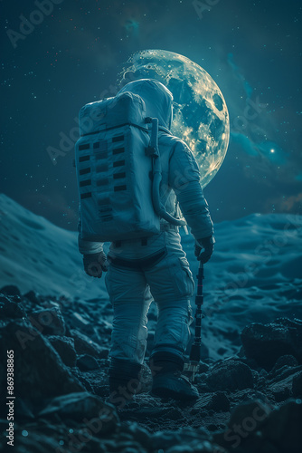 A astronaut character isolated holding a big model of the moon, hover flying style, blue background, in a distant planet photo