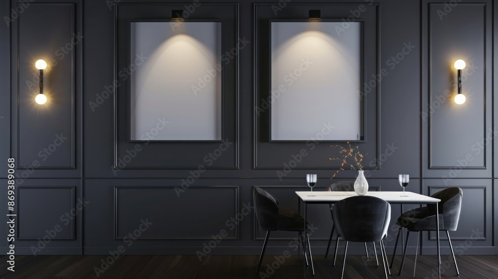 A modern dining room with a dark grey wall featuring two empty frames side by side, each highlighted by individual spotlights for a sophisticated look. A modern dining room with a dark grey wall featuring two empty frames side by side, each highlighted by individual spotlights for a sophisticated look.