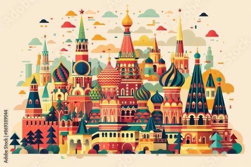 red square in Moscow, Russia landmarks architecture flat illustration, World Russian language day