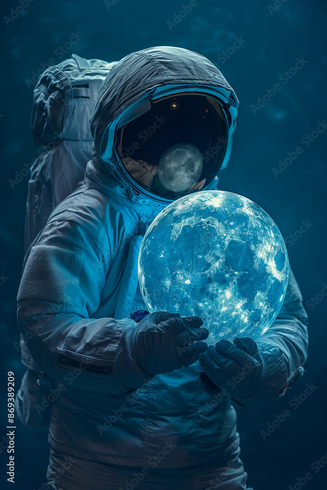 A astronaut character isolated holding a big model of the moon, hover flying style, dark background, in a distant planet A astronaut character isolated holding a big model of the moon, hover flying style, dark background, in a distant planet