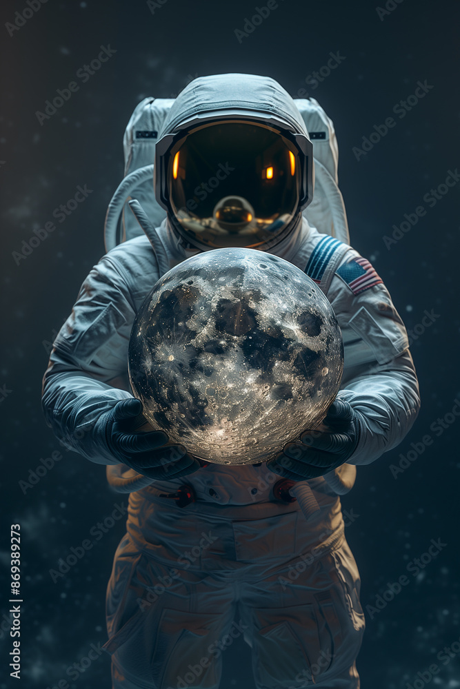 A astronaut character isolated holding a big model of the moon, hover flying style, dark background, in a distant planet A astronaut character isolated holding a big model of the moon, hover flying style, dark background, in a distant planet
