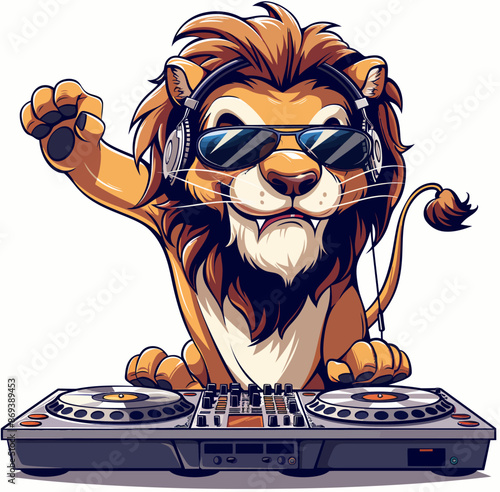 A lion playing music as a DJ