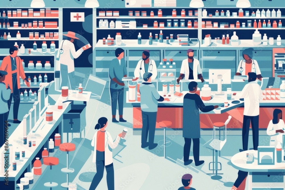 Obraz premium healthcare insurance, doctor and patient, prescription drugs clinic flat illustration, pharmacy