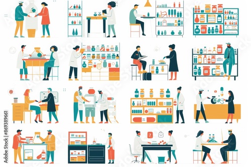 healthcare insurance, doctor and patient, prescription drugs clinic flat illustration