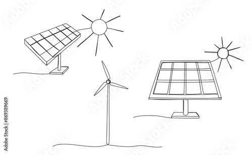 Solar panel and wind generator one line silhouettes set. Doodle outline continuous icon. Sustainable power