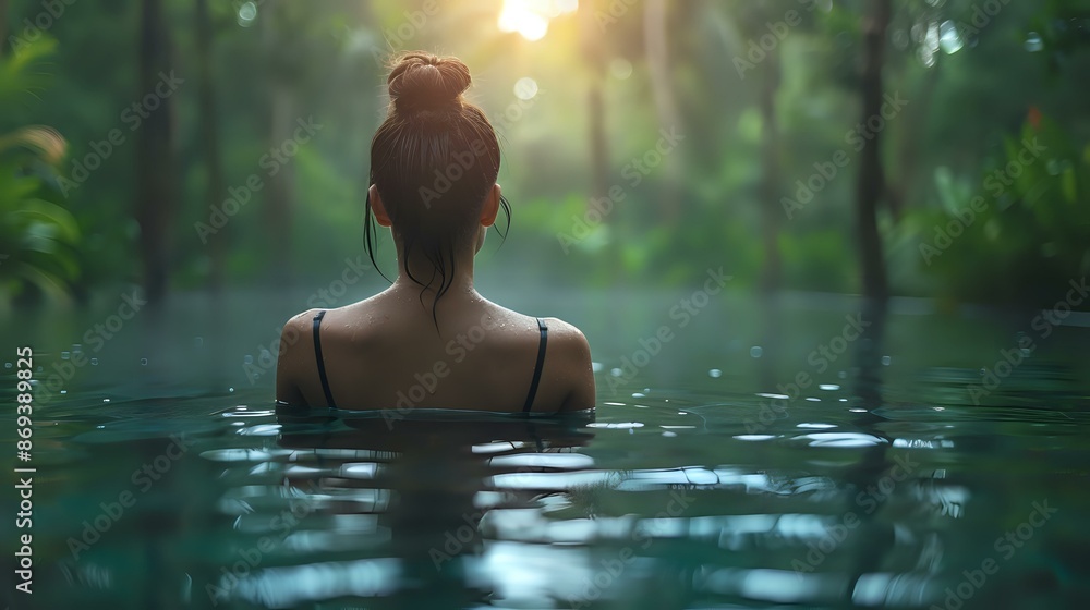 Woman in an outdoor pool, symbolizing relaxation and nature. Perfect for themes of wellness, leisure, and tranquility. Woman in an outdoor pool, symbolizing relaxation and nature. Perfect for themes of wellness, leisure, and tranquility.