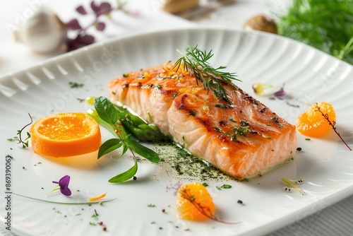 minimalist presentation of ovenbaked salmon with orange and fine herbs luxurious restaurant plating nouvelle cuisine