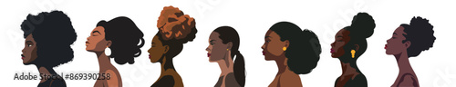  Vector set portrait of different afro african american women with different hairstyles side pose, avatar for social networks