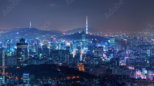Wallpaper Mural Cityscape of Seoul with the Namsan Seoul Tower in the distance Torontodigital.ca