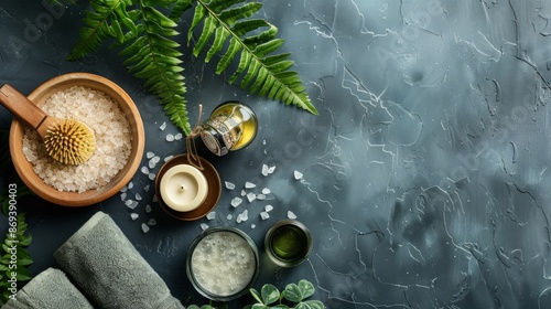 Spa setting with sea salt, candles, and ferns photo