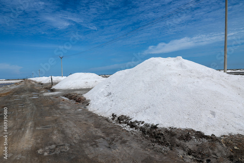 Indian salt field pan in Tamil Nadu India. Salt collecting in salt farm. Saline lake where salt has been farmed