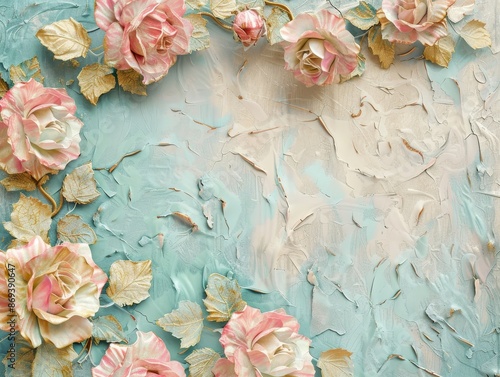 A wall with a floral design and a few roses