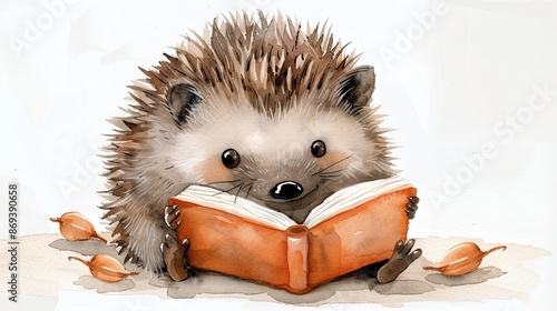 Adorable, clever watercolor hedgehog reading a book, character illustration isolated on a white background