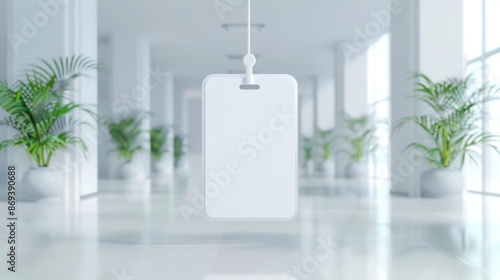Blank white identification badge hanging in a modern office hallway with green plants in the background. photo