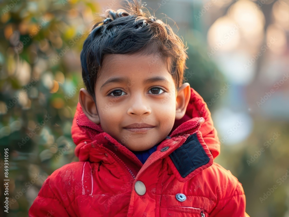 portrait of young indian boy in vibrant red winter coat expressive eyes and innocent smile capturing the essence of childhood in a culturally rich setting portrait of young indian boy in vibrant red winter coat expressive eyes and innocent smile capturing the essence of childhood in a culturally rich setting